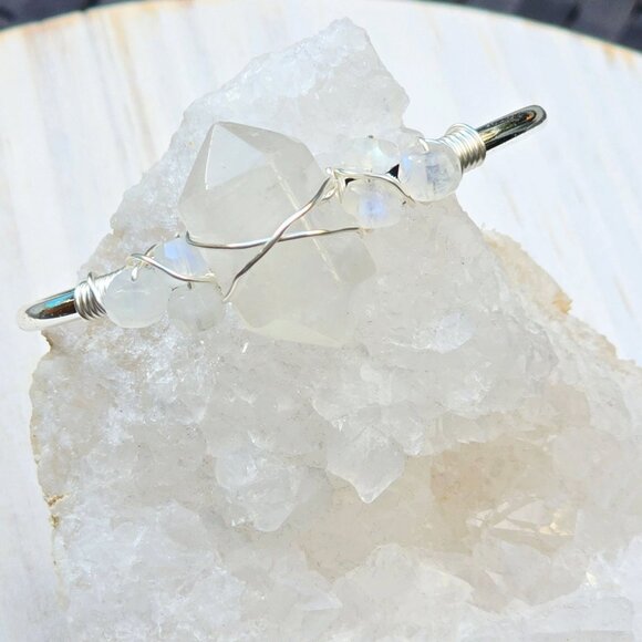 Moonstone Wire Wrap Cuff – 925 Silver Over Copper – Intuition & Balance Talisman - Picture 6 of 11